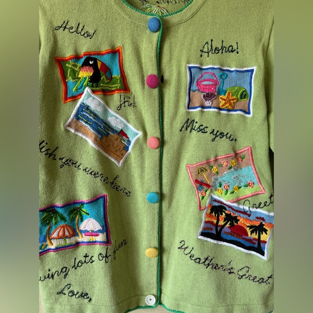 Super Rare Vintage Berek by Takako Sakon Travel Postcards Cardigan Large Green - Picture 2 of 5